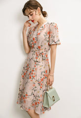 100% Mulberry Silk Midi Dress Floral, Embroidered Dress, Fashion Runway Summer Dress