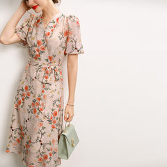 100% Mulberry Silk Midi Dress Floral, Embroidered Dress, Fashion Runway Summer Dress