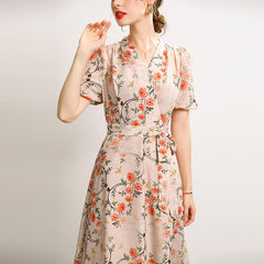 100% Mulberry Silk Midi Dress Floral, Embroidered Dress, Fashion Runway Summer Dress