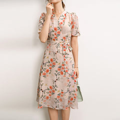 100% Mulberry Silk Midi Dress Floral, Embroidered Dress, Fashion Runway Summer Dress