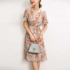 100% Mulberry Silk Midi Dress Floral, Embroidered Dress, Fashion Runway Summer Dress