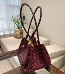 Double-Sided Weaving Noir Woven Lambskin Leather Shoulder Bag with Braided Handle and Gold Accents