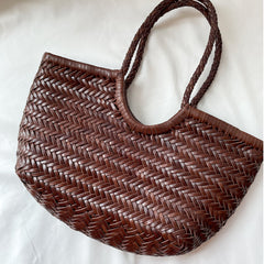 Handcrafted Woven Leather Tote Bag, Full Grain Leather Hand Woven Triple Jump Bamboo Style Ladies HOBO Bag, Summer Holiday Bag