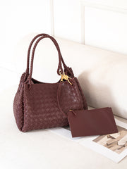 Double-Sided Weaving Noir Woven Lambskin Leather Shoulder Bag with Braided Handle and Gold Accents