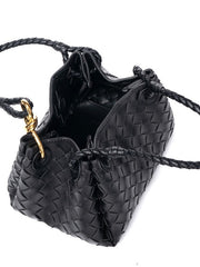 Double-Sided Weaving Noir Woven Lambskin Leather Shoulder Bag with Braided Handle and Gold Accents