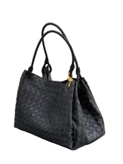 Double-Sided Weaving Noir Woven Lambskin Leather Shoulder Bag with Braided Handle and Gold Accents