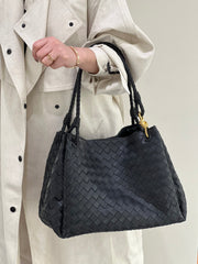 Double-Sided Weaving Noir Woven Lambskin Leather Shoulder Bag with Braided Handle and Gold Accents