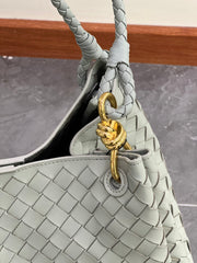 Double-Sided Weaving Noir Woven Lambskin Leather Shoulder Bag with Braided Handle and Gold Accents