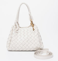 Double-Sided Weaving Noir Woven Lambskin Leather Shoulder Bag with Braided Handle and Gold Accents