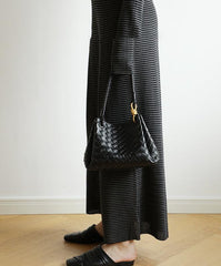 Double-Sided Weaving Noir Woven Lambskin Leather Shoulder Bag with Braided Handle and Gold Accents