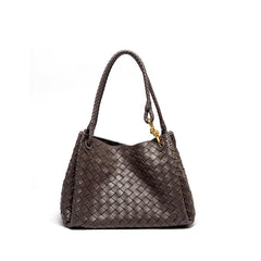 Double-Sided Weaving Noir Woven Lambskin Leather Shoulder Bag with Braided Handle and Gold Accents