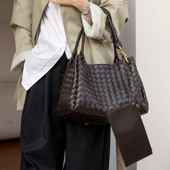 Double-Sided Weaving Noir Woven Lambskin Leather Shoulder Bag with Braided Handle and Gold Accents