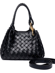 Double-Sided Weaving Noir Woven Lambskin Leather Shoulder Bag with Braided Handle and Gold Accents