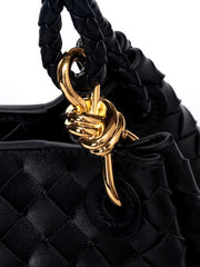 Double-Sided Weaving Noir Woven Lambskin Leather Shoulder Bag with Braided Handle and Gold Accents