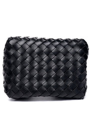 Double-Sided Weaving Noir Woven Lambskin Leather Shoulder Bag with Braided Handle and Gold Accents