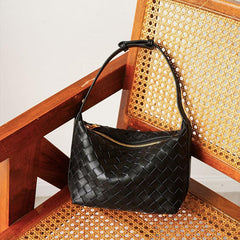 Elegant Genuine Lambskin Quilted Woven Handbag, Soft Leather Lunchbox-Style Shoulder Bag for Women