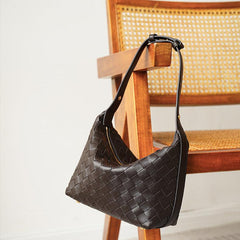 Elegant Genuine Lambskin Quilted Woven Handbag, Soft Leather Lunchbox-Style Shoulder Bag for Women