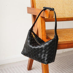 Elegant Genuine Lambskin Quilted Woven Handbag, Soft Leather Lunchbox-Style Shoulder Bag for Women