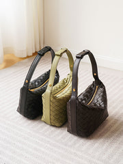 Elegant Genuine Lambskin Quilted Woven Handbag, Soft Leather Lunchbox-Style Shoulder Bag for Women