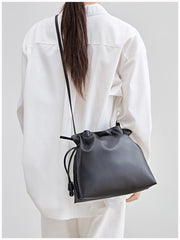 Elegant Small Cowhide Leather Shoulder Bag Crossbody Bag for Women with Drawstring Closure