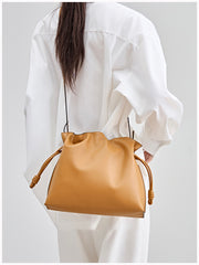 Elegant Small Cowhide Leather Shoulder Bag Crossbody Bag for Women with Drawstring Closure