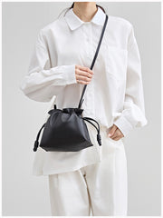 Elegant Small Cowhide Leather Shoulder Bag Crossbody Bag for Women with Drawstring Closure