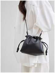 Elegant Small Cowhide Leather Shoulder Bag Crossbody Bag for Women with Drawstring Closure