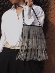 Black Silver Beaded Fringe Leather Shoulder Bag | Glamorous Statement Evening Bag with Metallic Tassels | Luxury Party Handbag