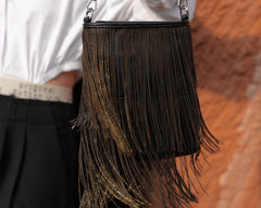 Black Silver Beaded Fringe Leather Shoulder Bag | Glamorous Statement Evening Bag with Metallic Tassels | Luxury Party Handbag