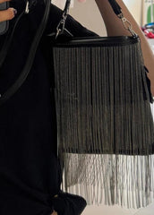 Black Silver Beaded Fringe Leather Shoulder Bag | Glamorous Statement Evening Bag with Metallic Tassels | Luxury Party Handbag