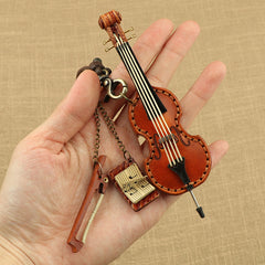 Handcrafted Full Grain Leather Mini Violin & Double Bass Bag Charm – Leather Musical Instrument Keychain Decoration