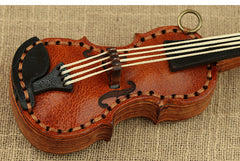 Handcrafted Full Grain Leather Mini Violin & Double Bass Bag Charm – Leather Musical Instrument Keychain Decoration