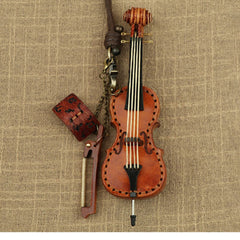 Handcrafted Full Grain Leather Mini Violin & Double Bass Bag Charm – Leather Musical Instrument Keychain Decoration