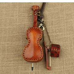 Handcrafted Full Grain Leather Mini Violin & Double Bass Bag Charm – Leather Musical Instrument Keychain Decoration