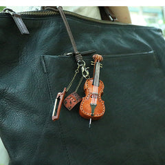 Handcrafted Full Grain Leather Mini Violin & Double Bass Bag Charm – Leather Musical Instrument Keychain Decoration