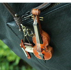 Handcrafted Full Grain Leather Mini Violin & Double Bass Bag Charm – Leather Musical Instrument Keychain Decoration