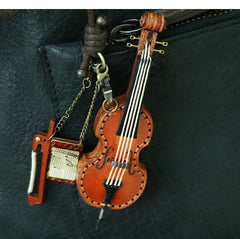 Handcrafted Full Grain Leather Mini Violin & Double Bass Bag Charm – Leather Musical Instrument Keychain Decoration