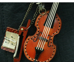 Handcrafted Full Grain Leather Mini Violin & Double Bass Bag Charm – Leather Musical Instrument Keychain Decoration