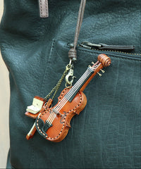 Handcrafted Full Grain Leather Mini Violin & Double Bass Bag Charm – Leather Musical Instrument Keychain Decoration