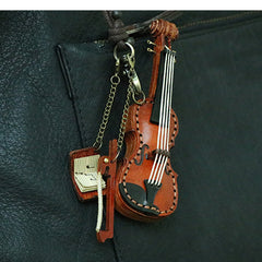 Handcrafted Full Grain Leather Mini Violin & Double Bass Bag Charm – Leather Musical Instrument Keychain Decoration