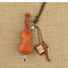 Handcrafted Full Grain Leather Mini Violin & Double Bass Bag Charm – Leather Musical Instrument Keychain Decoration