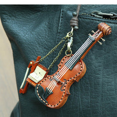 Handcrafted Full Grain Leather Mini Violin & Double Bass Bag Charm – Leather Musical Instrument Keychain Decoration