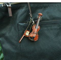 Handcrafted Full Grain Leather Mini Violin & Double Bass Bag Charm – Leather Musical Instrument Keychain Decoration