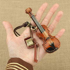 Handcrafted Full Grain Leather Mini Violin & Double Bass Bag Charm – Leather Musical Instrument Keychain Decoration