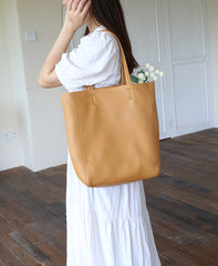 Handcrafted Leather Tote Bag ｜ Grain Leather Large Tote Bag Yellow Colour, Birthday gift for her