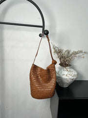 Handwoven Full-Grain Leather Bucket Bag | Stylish Shoulder Bag for Women | Leather Beach Bag