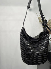 Handwoven Full-Grain Leather Bucket Bag | Stylish Shoulder Bag for Women | Leather Beach Bag