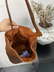 Handwoven Full-Grain Leather Bucket Bag | Stylish Shoulder Bag for Women | Leather Beach Bag