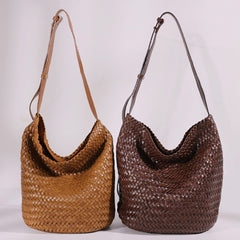 Handwoven Full-Grain Leather Bucket Bag | Stylish Shoulder Bag for Women | Leather Beach Bag