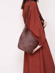 Handwoven Full-Grain Leather Bucket Bag | Stylish Shoulder Bag for Women | Leather Beach Bag